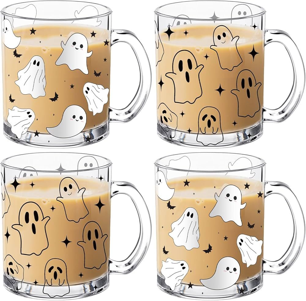 4 PCS 12oz Ghosts Glass Coffee Mugs with Handle Halloween Spooky Iced Coffee Cup Boo Basket Gifts... | Amazon (US)