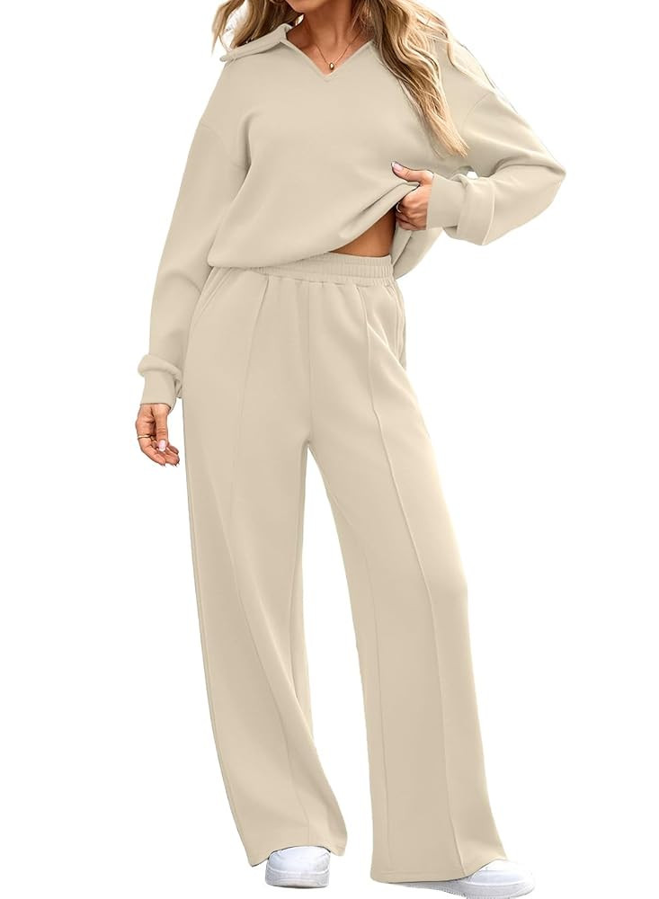Aleumdr Womens 2 Piece Outfits Fall Lounge Set Sweatsuit Long Sleeve Tops Wide Leg Pants with Poc... | Amazon (US)