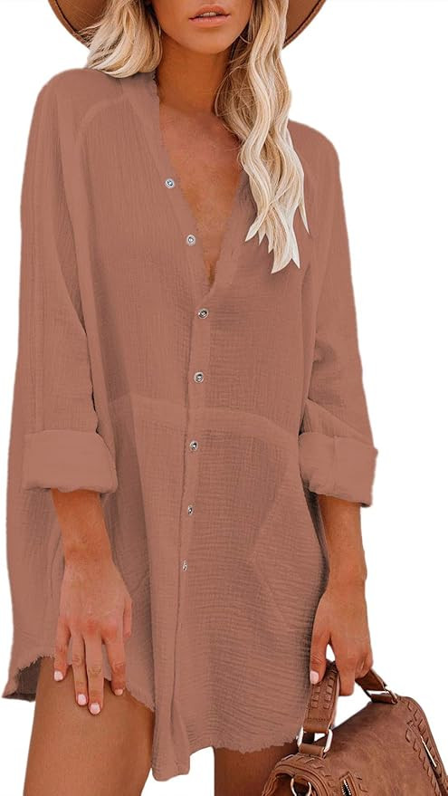 Pink Queen Women V Neck Long Sleeve Button Down Blouse Tunic Shirt Mini Dress with Pockets | Amazon (US)