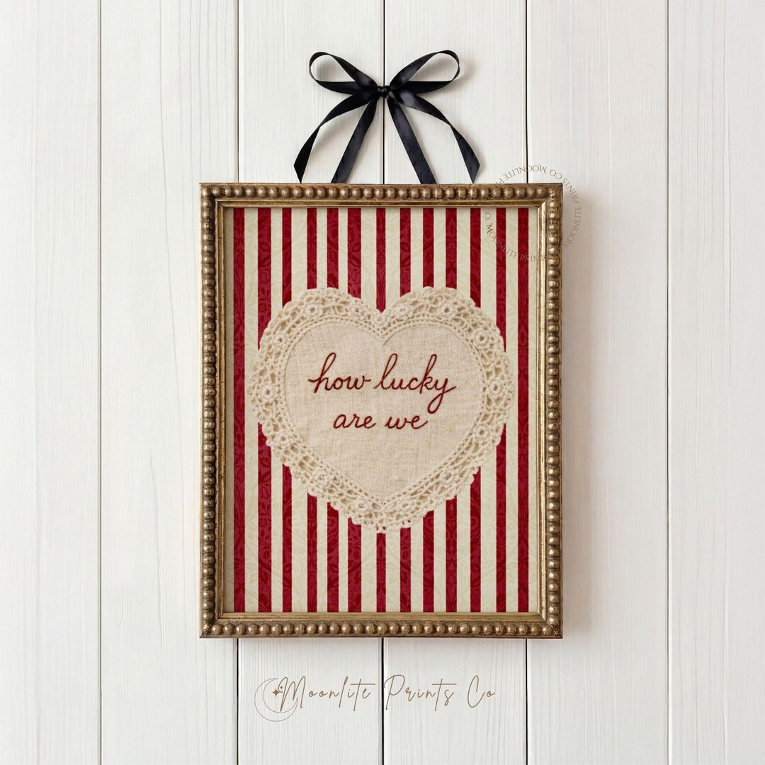 How Lucky Are We Wall Art, Vintage Valentine Lace Heart Print, Romantic Coquette Decor, Red Strip... | Etsy (US)