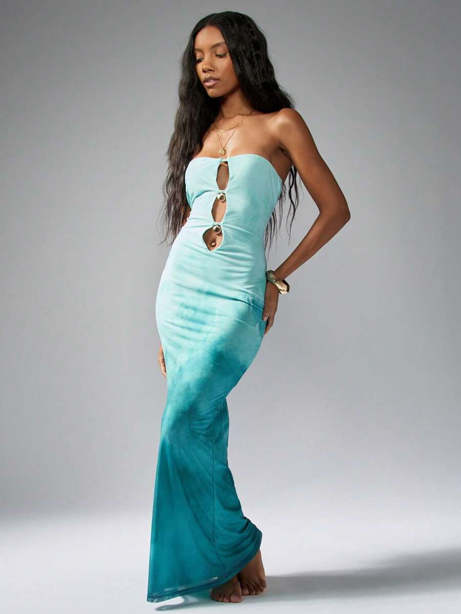 MISSGUIDED Ombre Cut-Out Strapless Bandeau Maxi Dress Long Summer Beach Evening Gown Floor Length... | SHEIN