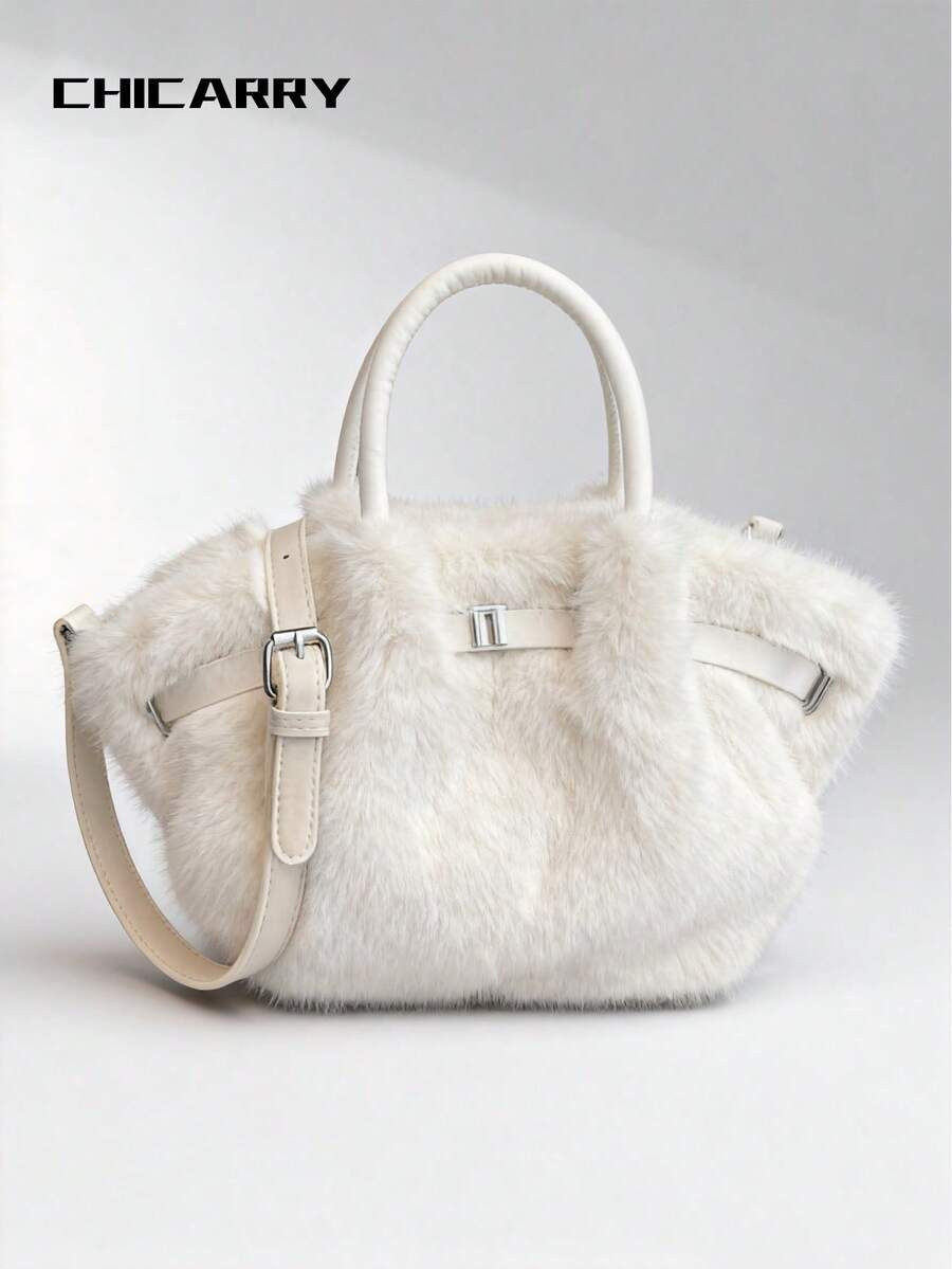 Elegant Women's Handbag, Fluffy Crossbody Bag With Magnetic Closure, Colorblock Casual Dumpling B... | SHEIN