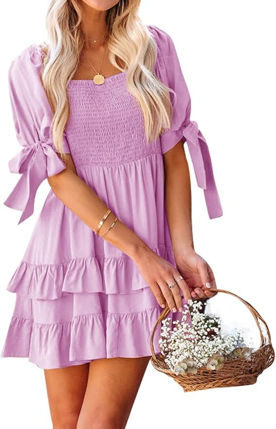 SENSERISE Womens Smocked Mini Dress Square Neck Puff Sleeve Bow Tie Babydoll Dress Layered Ruffle... | Amazon (US)