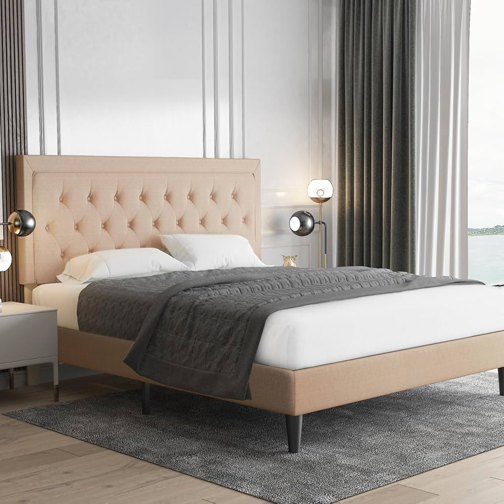 Allewie Queen Size Button Tufted Platform Bed Frame/Fabric Upholstered Bed Frame with Adjustable ... | Amazon (US)