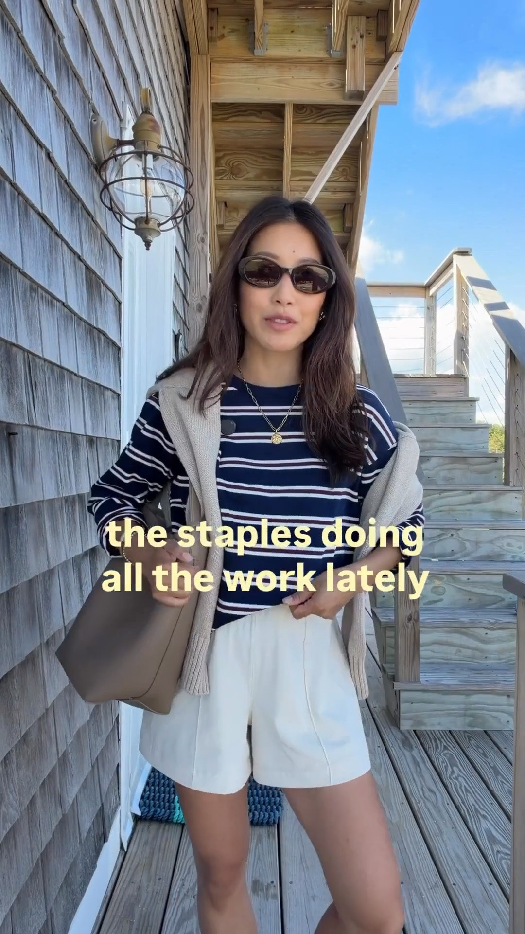Restocked! Please read sizing info
1. Cotton stripe tee XXS regular, boxy fit (I don't need petite since it's shorter in length) love and got three colors — brown stripe and solid white. 
2. lulu shorts XXS , hemmed for free. These come with a 6" inseam which wasn't bad on me, but I brought them in store to get hemmed to where the original horizontal stitched line was. Easy, free and quick process. I also own these in the 25” cropped pants version and love
3. Quince sweater XS oversized fit, old color but speckled beige is similar. Also comes in a striped version. Gap makes a great oversized crop sweater in petite as well linked. 
4. Teeks sandals great for beach or pool since waterproof, I sized up to a 6. 
5. Quince handbag in size small and madewell sunglasses 

easy petite mom on the go outfit, elevated casual staples, transitional outfit

#LTKPetite #LTKSeasonal #LTKmomlife