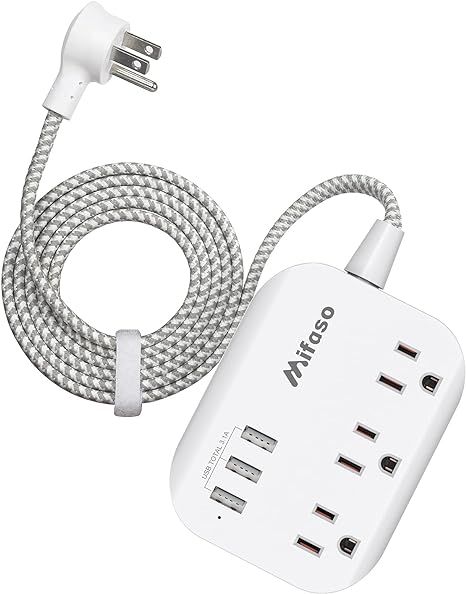 USB Power Strip, Flat Plug Power Strip Extension Cord with 3 Outlets 3 USB Ports(Smart 3.1A), 5ft... | Amazon (US)