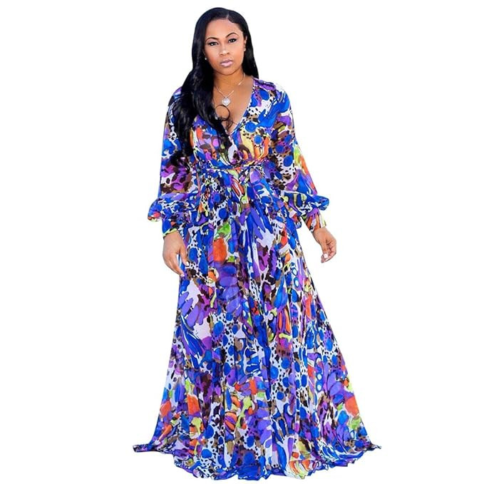 Nuofengkudu Womens Stylish Chiffon V-Neck Printed Floral Maxi Dress with Waisted Belt Plus Size (... | Amazon (US)