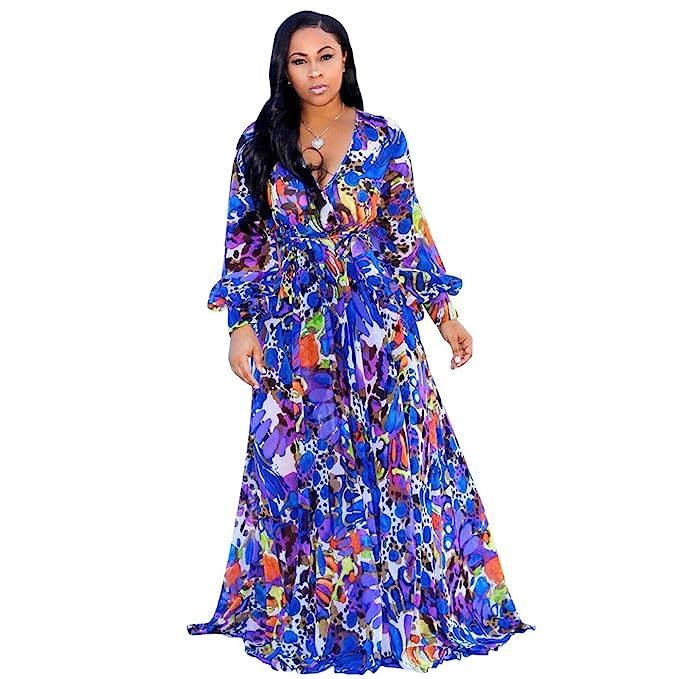 Nuofengkudu Womens Stylish Chiffon V-Neck Printed Floral Maxi Dress with Waisted Belt Plus Size (... | Amazon (US)