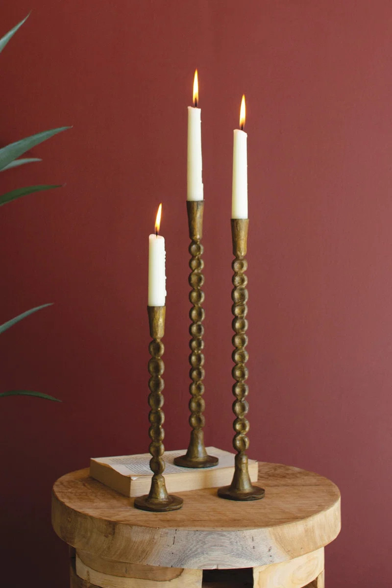 Antique Brass Candle Holders Set of 3 Metal Taper Stands 15" H | Wayfair North America