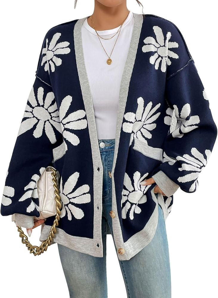 chouyatou Women's Y2K Daisy Floral Printed Oversized Cardigans Button Down Knitted Cardigan Sweat... | Amazon (US)