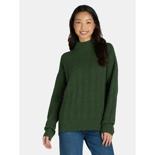 Time and Tru Women's and Women’s Plus Cable Knit Mock Neck Sweater, Sizes XS-3X | Walmart (US)