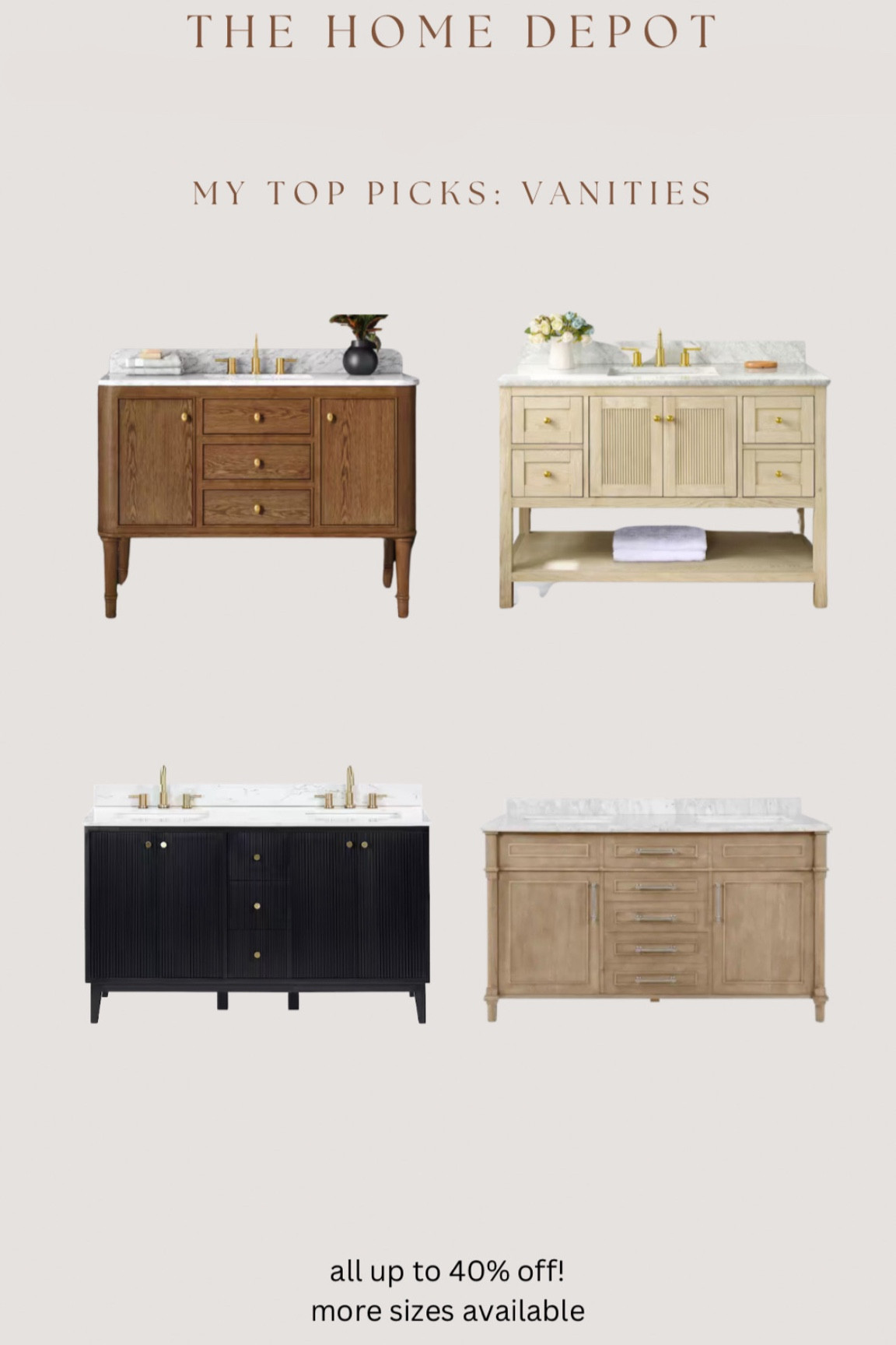 @homedepot has a lot of their bathroom vanities up to 40% off right now!! Made this roundup for my favorites on sale! Many come in more sizes. #TheHomeDepotPartner #TheHomeDepot #ad Follow my shop @Jillianmerrill on the @shop.ltk LTK app to shop this post and get my exclusive app-only content! #liketkit @shop.Itk

#LTKHome #LTKSaleAlert #LTKStyleTip