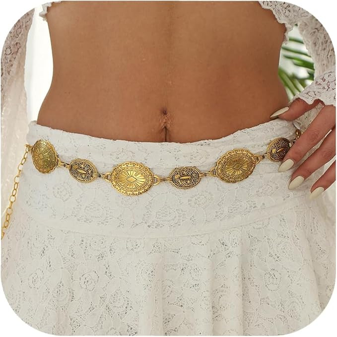 RINHOO Metal Waist Chain Belt for Women Cowgirl Chain Concho Belts for Dresses Jeans Country Conc... | Amazon (US)