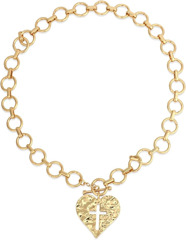 Mikovivi Chunky Gold Cross Pendant Necklaces, Bold Vintage Hammered Cross Heart Necklace Large Ch... | Amazon (US)