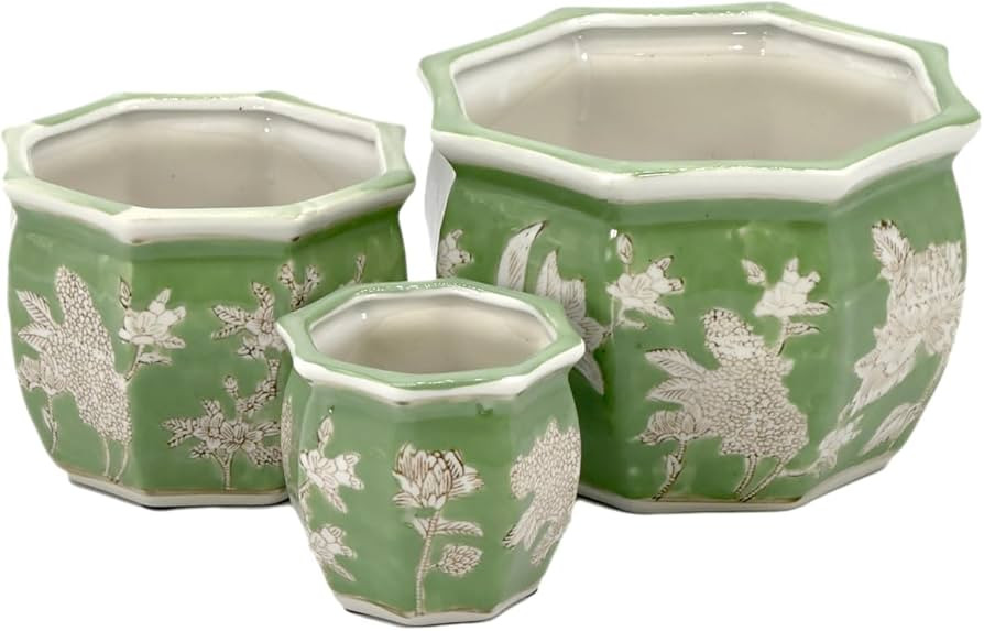 Galt International Green & White Floral Porcelain Ceramic Decorative Flower Pot 8"/6"/4.5" Garden... | Amazon (US)