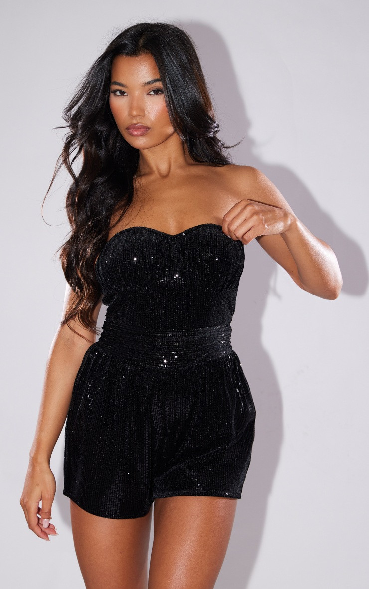 Black Velvet Sequin Bandeau Ruched Bust Playsuit | PrettyLittleThing UK