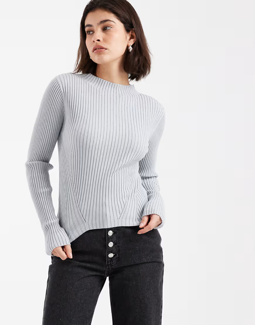 ASOS DESIGN knitted placement rib high neck top in grey | ASOS (Global)
