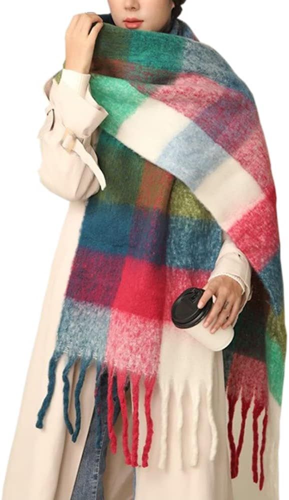 OUNIYA Big Chunky Plaid Scarf Colorful Checked Oversized Thick Scarves Soft Large Cashmere Wool W... | Amazon (US)