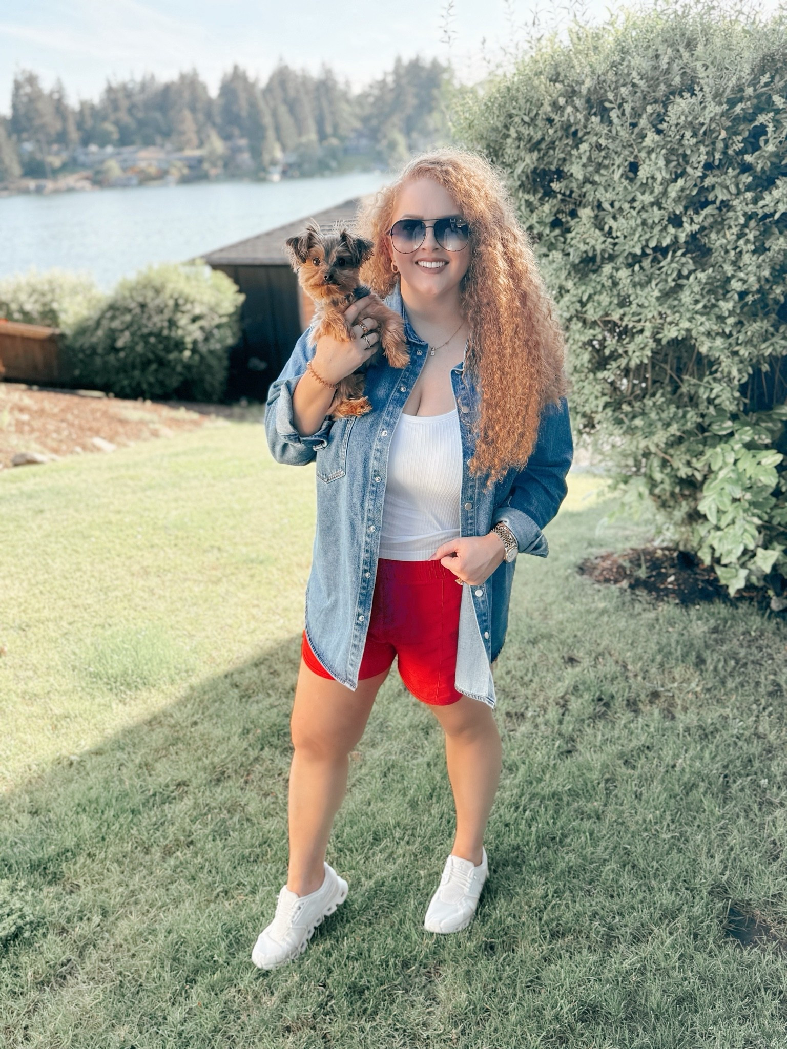 The oversized denim button down has been one of my most worn pieces lately 🤍 Paired it with these red athletic shorts and my favorite comfy sneakers for a casual day by the water with Beau 🐾✨ oversized denim shirt | casual lake outfit | sporty chic outfit | red athletic shorts | everyday summer outfit | white tank top outfit | built in bra tank | on cloud sneakers | comfy casual style | dog mom outfit | effortless everyday look | vacation outfit inspo | waterfront outfit | casual athleisure | amazon fashion finds | relaxed summer style ✨

#LTKdayinmylife #LTKootd #LTKTravel