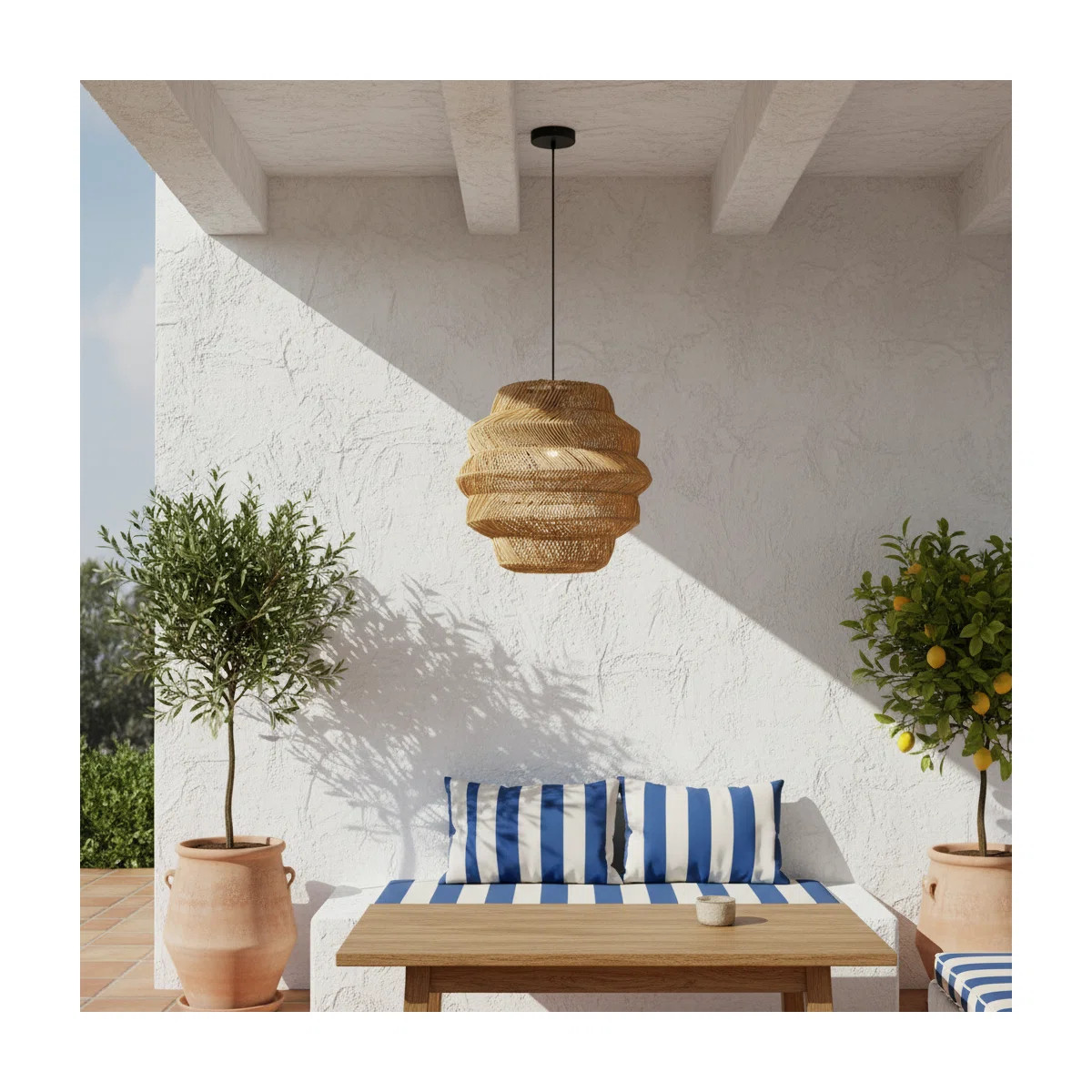 1-Light Wicker Outdoor Pendant, Coastal Boho Tiered Drum - Handwoven-Tan Shade | Wayfair North America