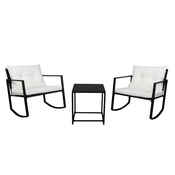 Ktaxon 3 Piece Rocking Wicker Patio Chairs Set Iron Frame with Glass Coffee Table | Walmart (US)