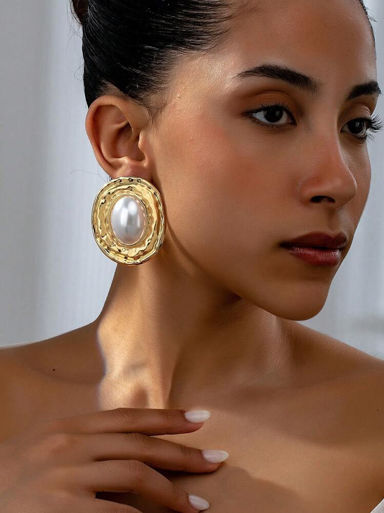1pair Geometric Texture Oval Pearl Inlay Pendant Vintage Elegant Women Earrings | SHEIN