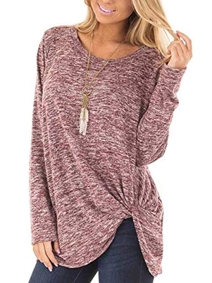 Famulily Women's Comfy Casual Long Sleeve Side Twist Knotted Tops Blouse | Amazon (US)