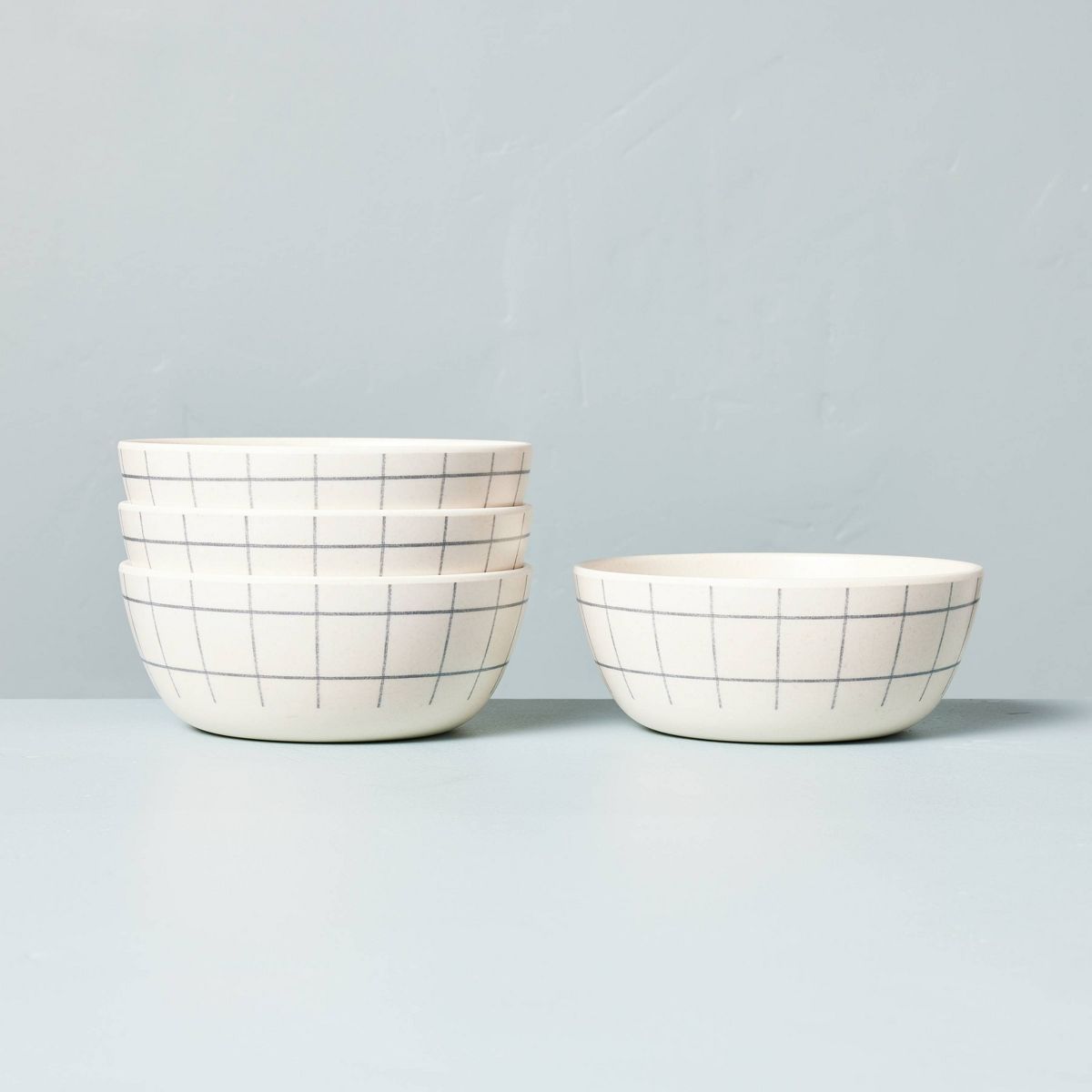 4pk 14oz Grid Lines Bamboo-Melamine Bowls Cream/Blue - Hearth & Hand™ with Magnolia | Target