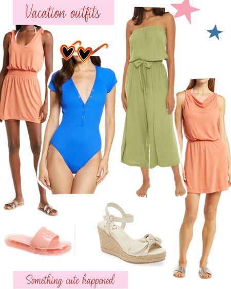 One piece blue swimsuit 
Cover up convertible dress 
Cover up
Swim
Vacation outfits 
Romper
Wedges
Jelly sandals

#LTKshoecrush #LTKswim #LTKsalealert