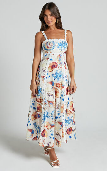 Lani Maxi Dress - Wavy Strap and Neck A Line Dress in Blue and Yellow Print | Showpo (US, UK & Europe)