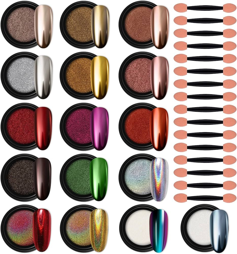 Artdone 16 Jars Chrome Nail Powder Magic White Pearl Kit Mirror Effect Silver Metallic Holographi... | Amazon (US)