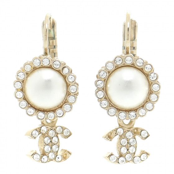 CHANEL Crystal CC Pearl Drop Earrings Gold | Fashionphile