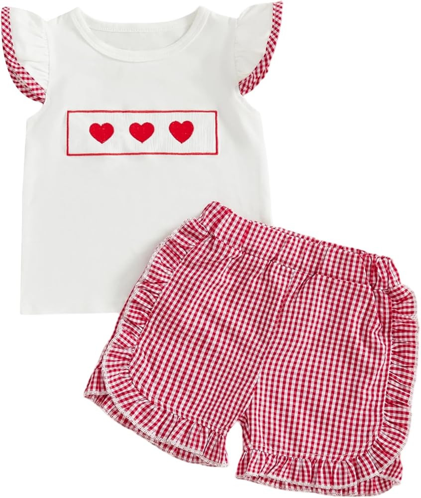 Karuedoo Toddler Baby Girl Valentine's Day Outfit Heart Embroidery Smocked Flutter Sleeve T Shirt... | Amazon (US)