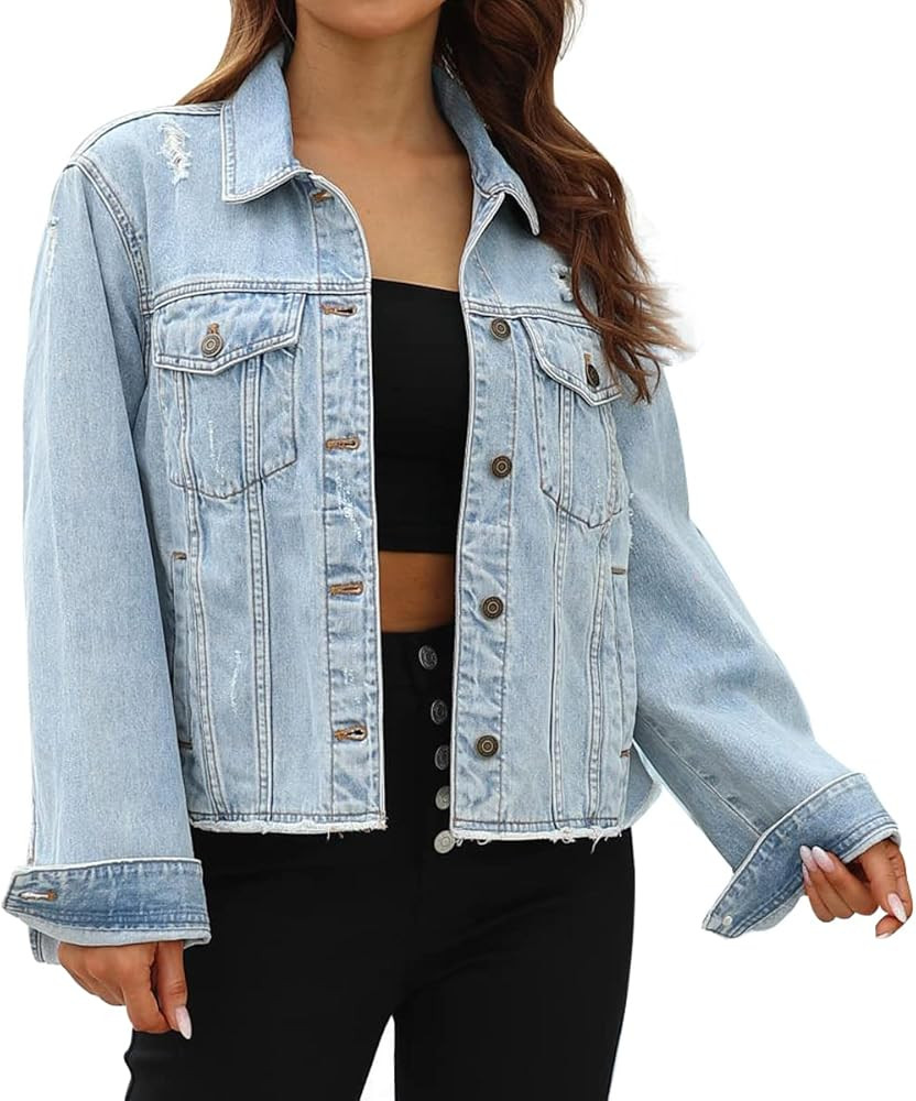 A21 Fashion Womens Jean Jacket Frayed Washed Cropped Distressed Denim Jackets for Women | Amazon (US)