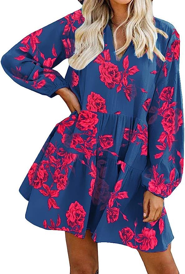 FANCYINN Long Sleeve Shift Tunic Dress Ruffle Swing Babydoll Juniors Mini Ruffle Dress with Pocke... | Amazon (US)