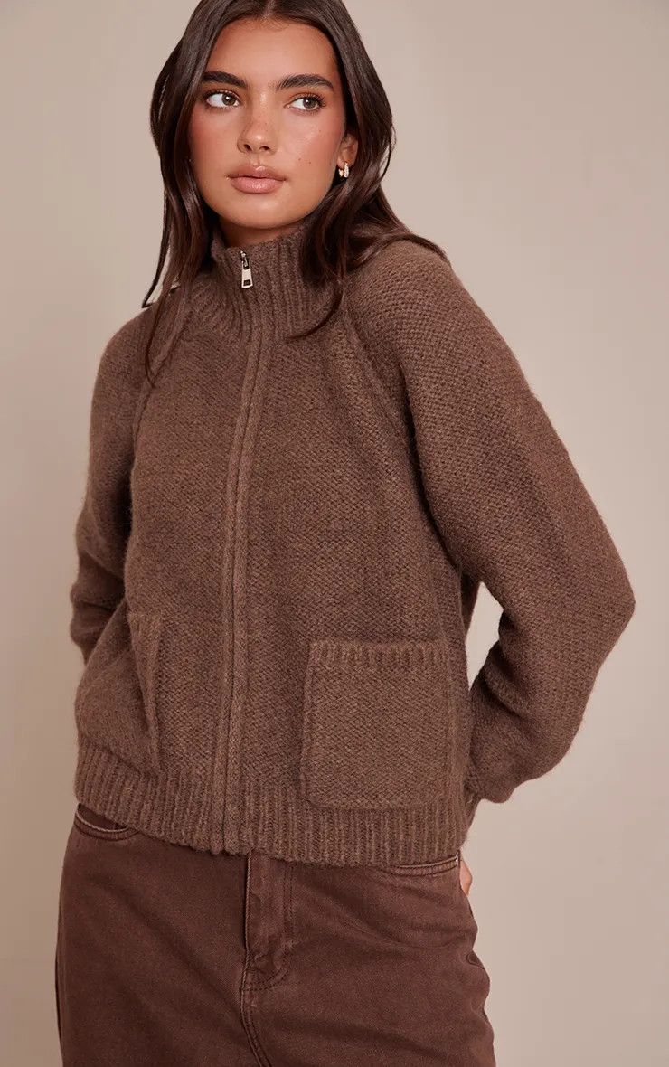 Knitwear | Brown Zip Up Pocket Detail Knitted Cardigan | PrettyLittleThing | PrettyLittleThing UK
