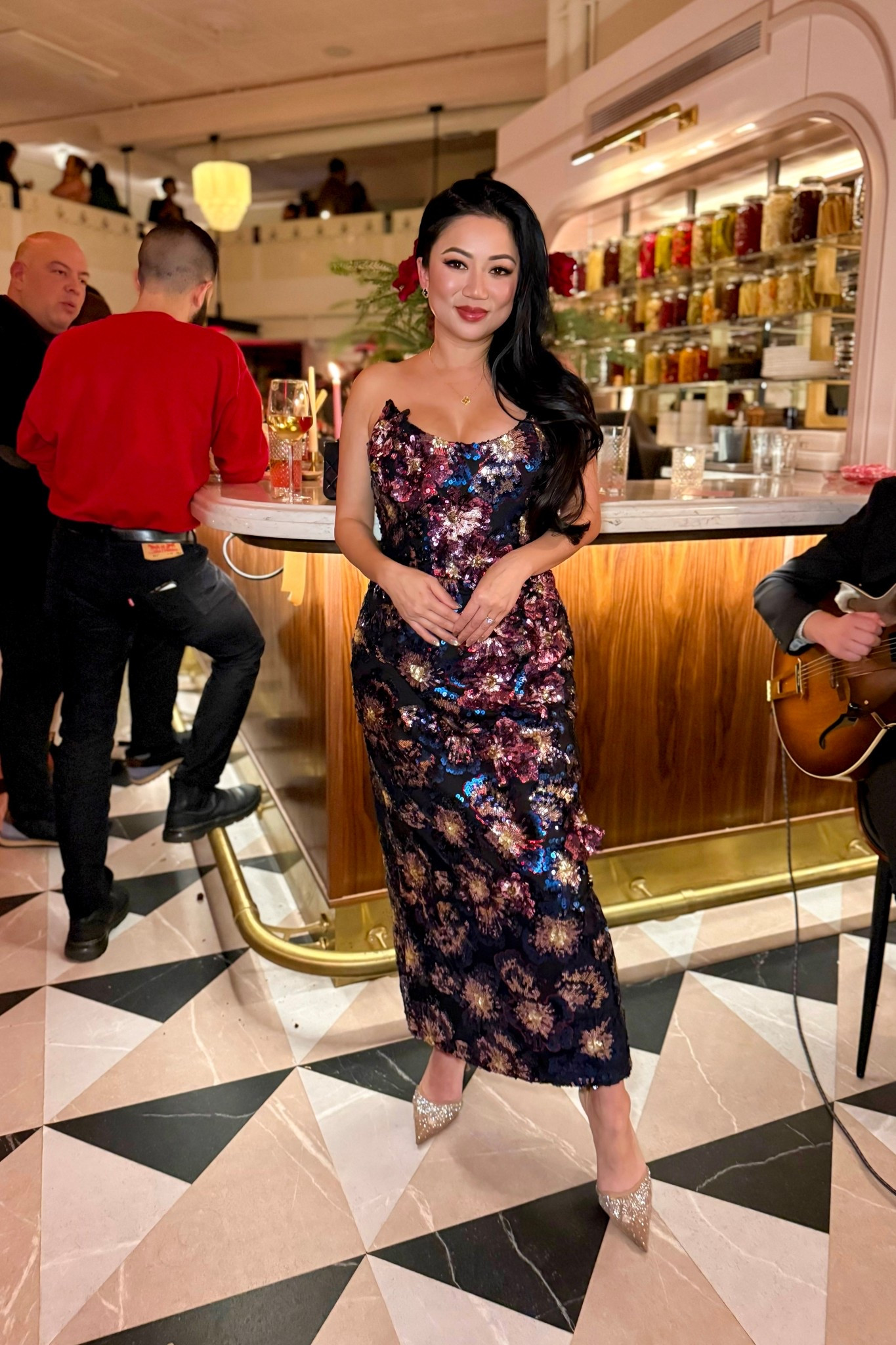 Helsi Rachel Strapless 3D Floral Midi Dress // Featuring a strapless cat-eye neckline, column midi silhouette, allover sequin embellishment in a navy black floral. Wearing a size medium, runs small. Usually I’m a small in Helsi. #ltkparty

#LTKgrwm #LTKOver40 #LTKHoliday