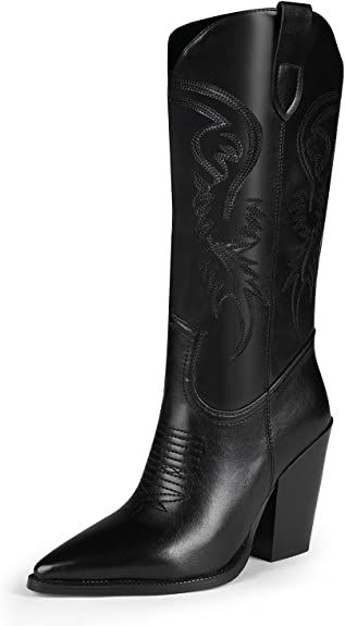 ISNOM Cowgirl Boots for Women, Embroidered Pointed Toe Chunky Heel Western Boots | Amazon (US)