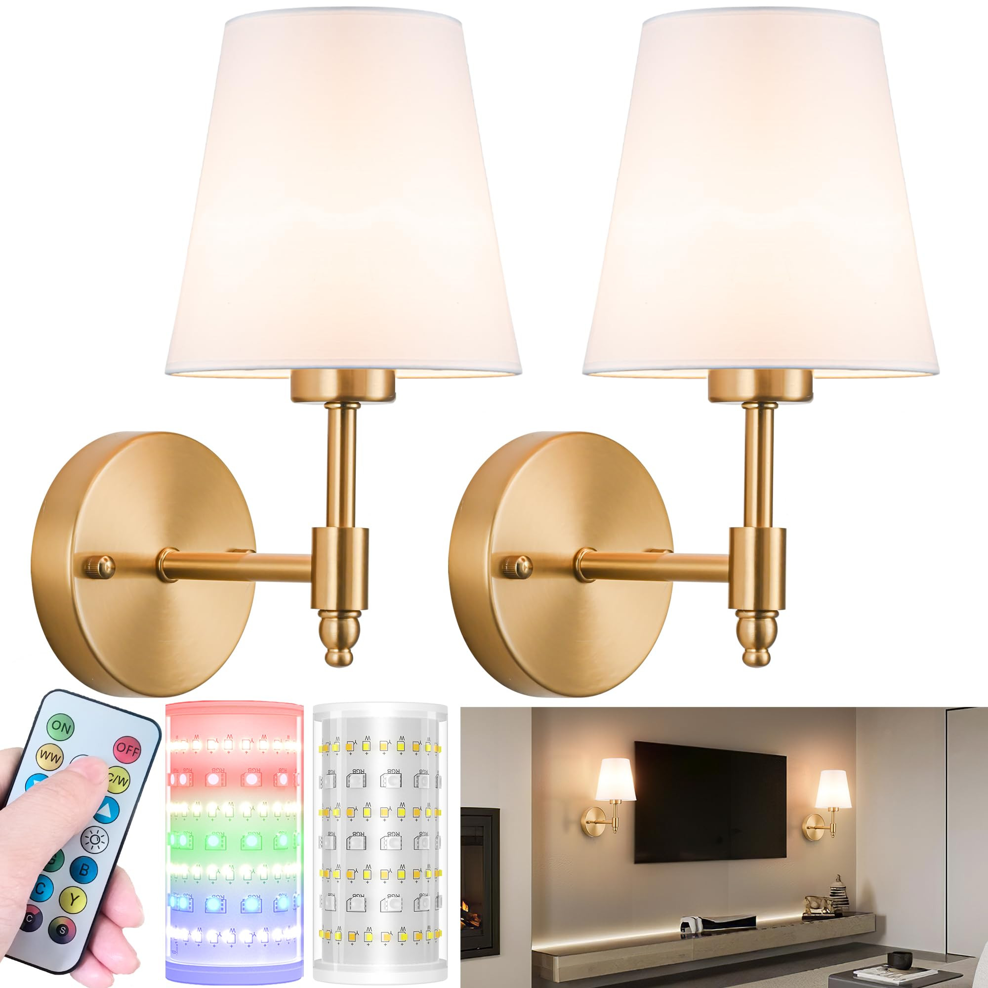 Battery Operated Wall Sconces Set of Two, Wireless Battery Wall Light with 10000mAh RGB Dimmable ... | Amazon (US)
