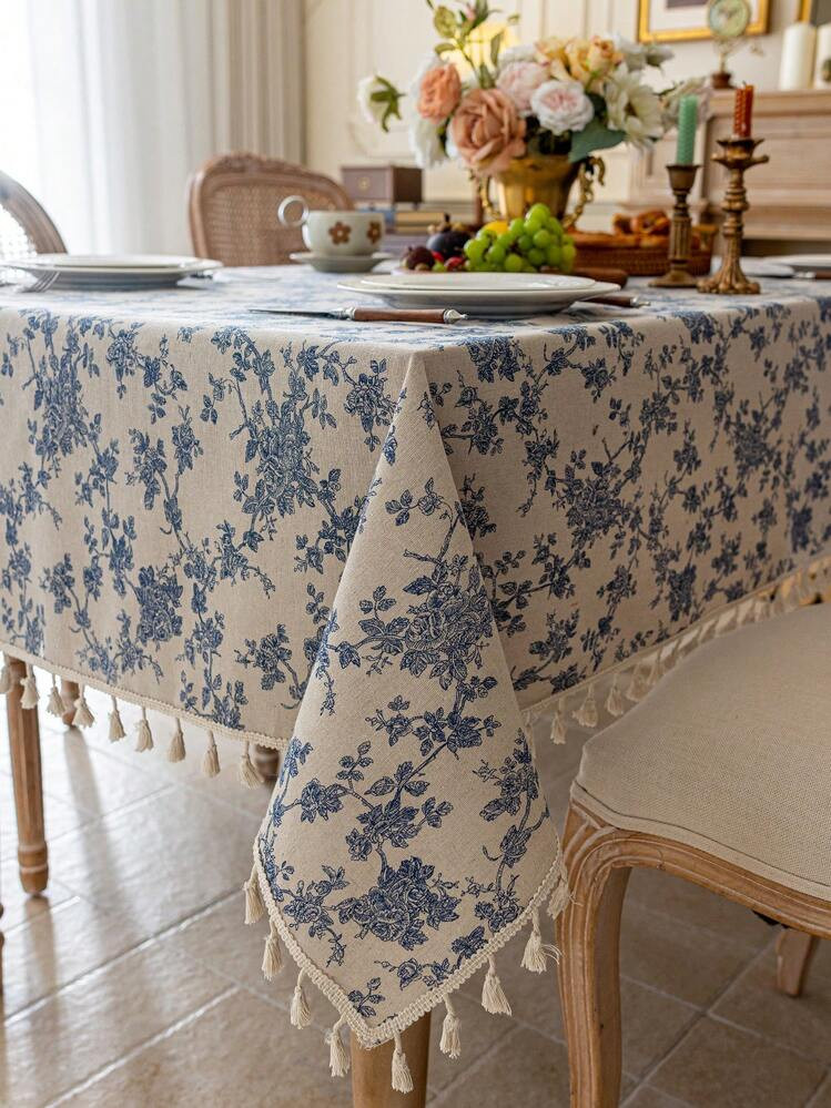 1pc Vintage Blue Rose Floral Tassel Table Cloth, Bedside Cabinet Tablecloth, Coffee Table Decor C... | SHEIN