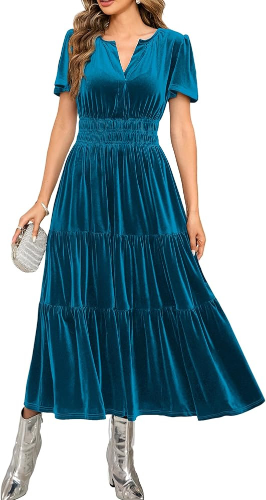 R.Vivimos Women's Fall Winter Vintage Velvet Dress Short Sleeve V Neck Elastic Waist Tiered Ruffl... | Amazon (US)