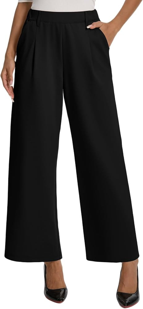 Womens Dress Wide Leg Pants Pull On Stretchy Work Pants High Waisted Business Causal Palazzos Tro... | Amazon (US)