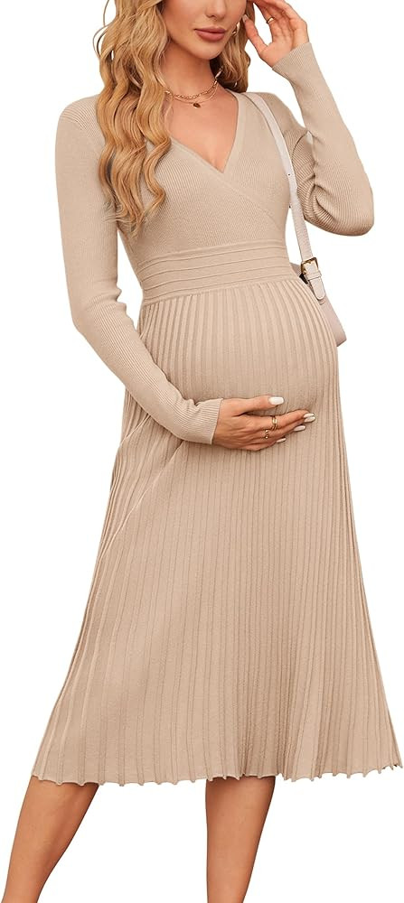 OUGES Womens 2024 Fall Maternity Dress Long Sleeve Wrap V Neck Pleated Midi Dress Casual Sweater ... | Amazon (US)
