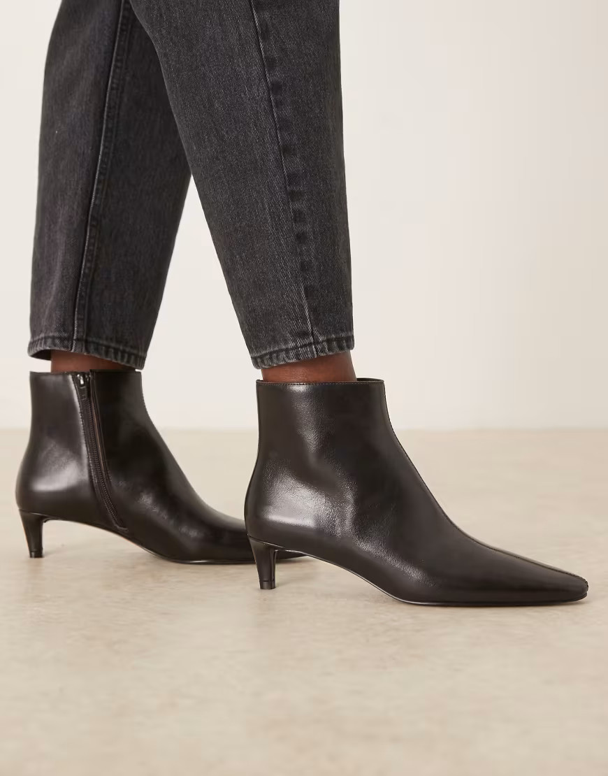 Mango 100% leather kitten heel ankle boots in dark brown | ASOS (Global)