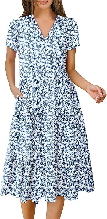 ANRABESS Women's Summer Casual Short Sleeve V Neck Midi Dresses 2025 Spring Flowy A-line Tiered T... | Amazon (US)