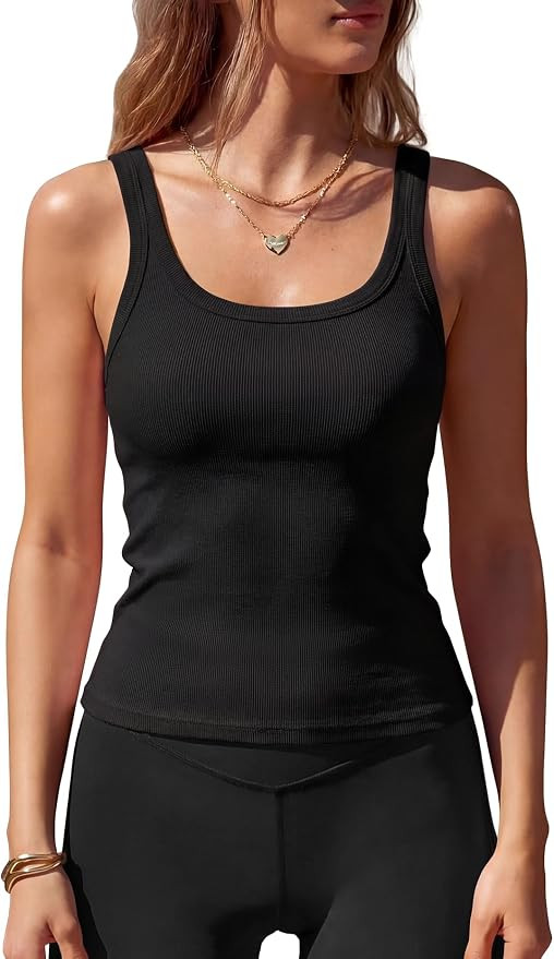 Women Sleeveless Tank Tops with Built in Bra Square Neck Cotton Ribbed Basic Cami Summer Workout ... | Amazon (US)