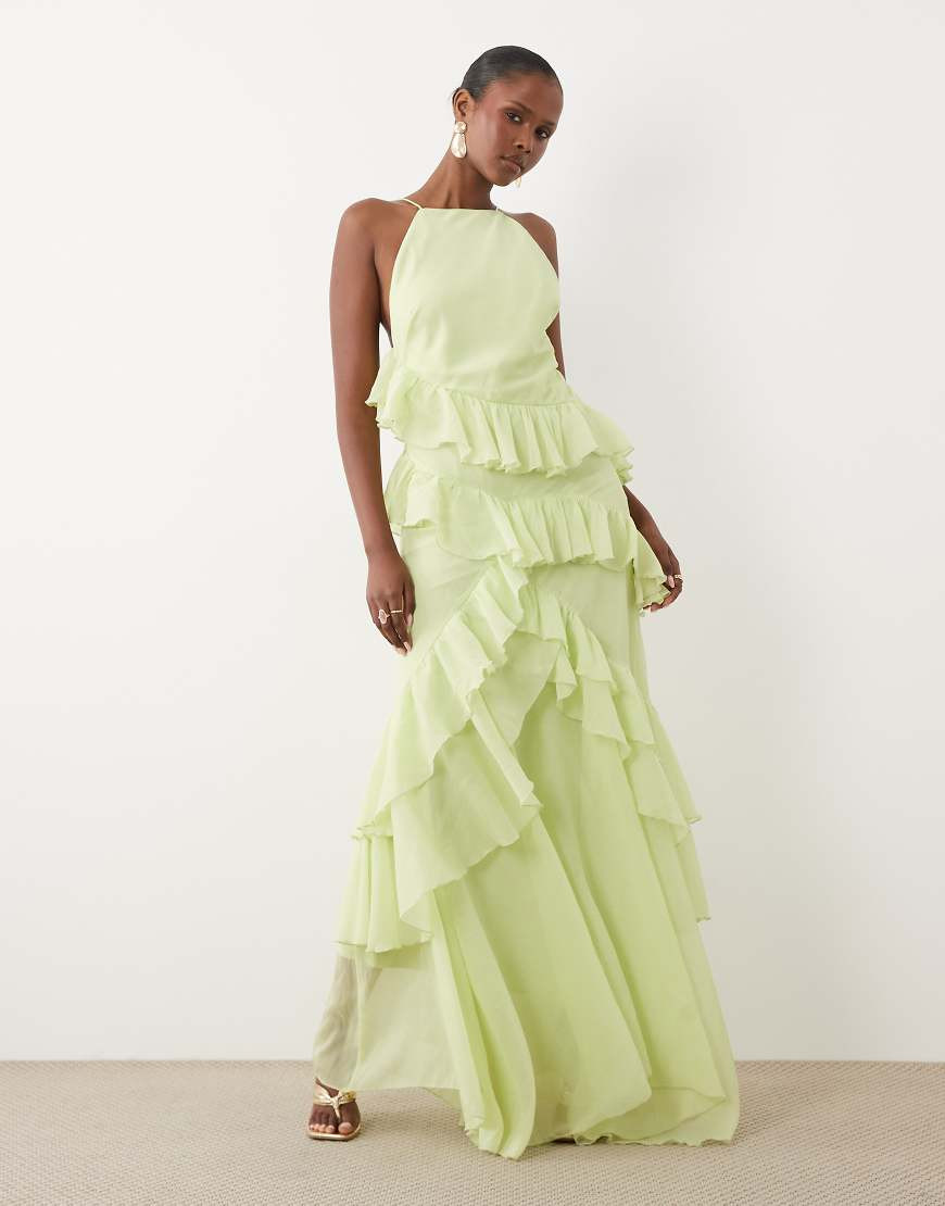 ASOS DESIGN high neck low back ruffle maxi dress in lime-Green | ASOS (Global)