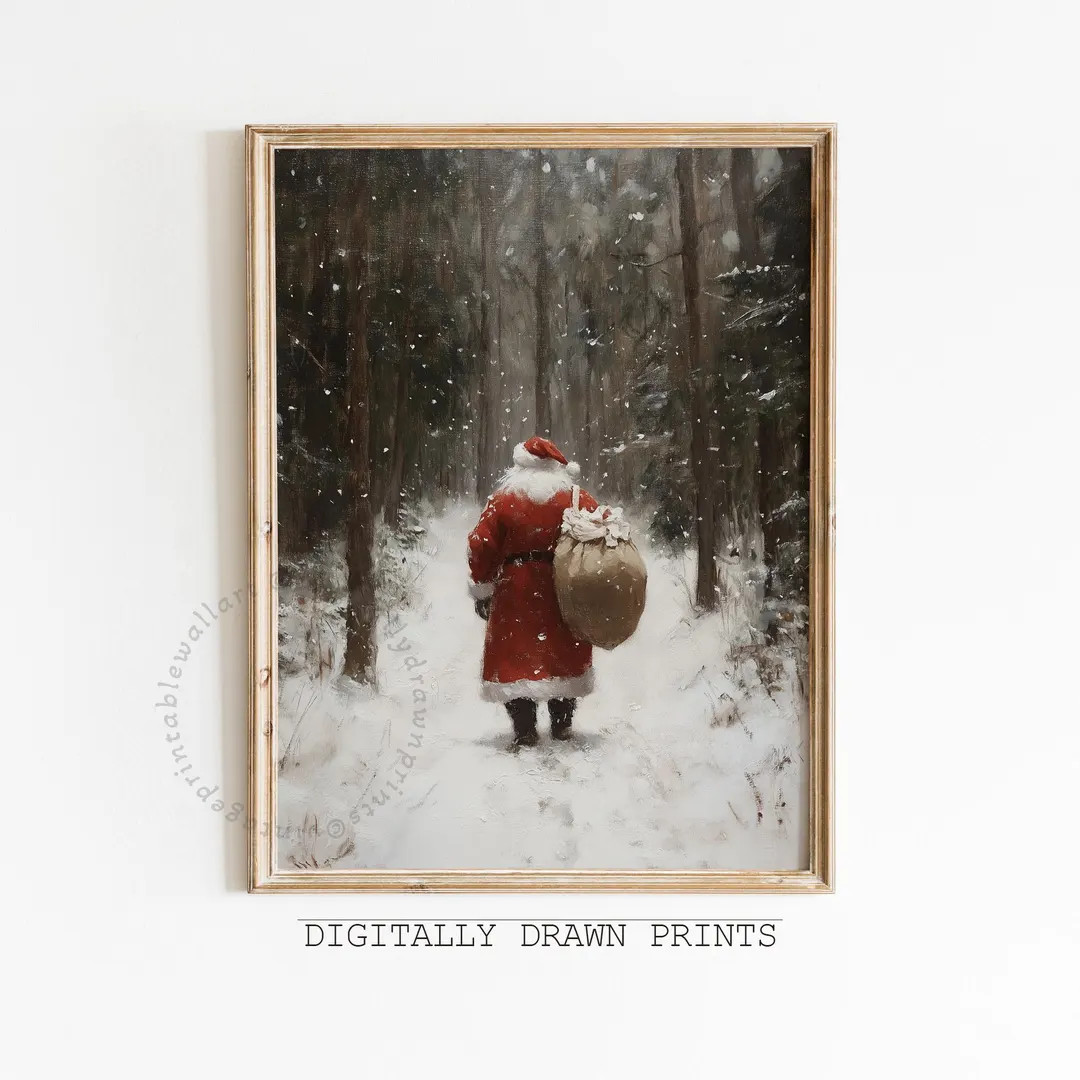 Printable Christmas Wall Art, Vintage Santa Oil Painting, Snowy Landscape Art, Seasonal Christmas... | Etsy (US)