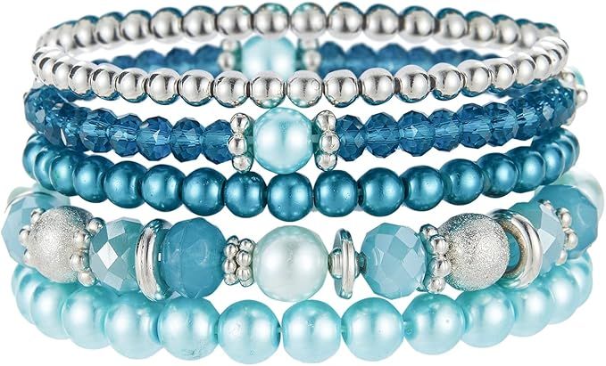 Noessla Beaded Pearl Stretch Bracelet Silver Stackable Crystal Beads Bracelets Trendy Costume Jew... | Amazon (US)