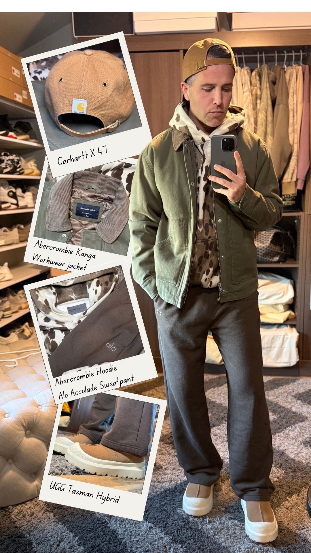 Winter is here! I didn’t feel like wearing a big jacket today. So I layered an Abercrombie pony print hoodie under their Kanga workwear jacket, paired with Alo Accolade sweatpants and the UGG Tasman Hybrids. Finished it with the Carhartt x ’47 cap for that casual workwear vibe. This neutral fit is perfect for these early winter day errands, casual events or just lounging around in style. 

#LTKootd #LTKMens #LTKSeasonal